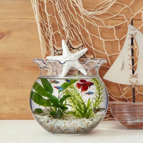 SATINIOR Mini Plastic Fish Bowl with Fish Net Decor, 6 Small 0.18 Gallon Lace Bubble Bowl Pair with 6 Fishnet, for Ocean-Themed Aquarium Hawaiian Parties Banquets Mediterranean Style
