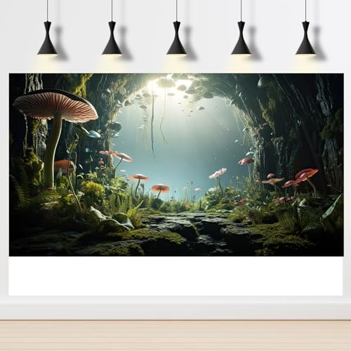 Aquarium Background Foggy Stone Mushroom Moss Aquarium Backdrop Mysterious Green Plants Cave Scenery Aquarium Background Durable Reptile Habitat Terrarium Background Tank Backdrop Vinyl 24x16in - color: Brown_Green, size: 24(W)x16(H)inches/ 60(W)*40cm(H)