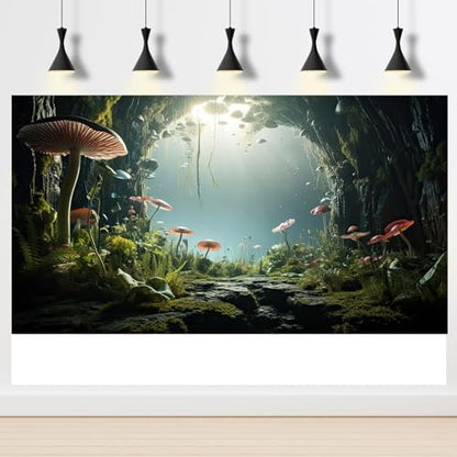Aquarium Background Foggy Stone Mushroom Moss Aquarium Backdrop Mysterious Green Plants Cave Scenery Aquarium Background Durable Reptile Habitat Terrarium Background Tank Backdrop Vinyl 24x16in - color: Brown_Green, size: 24(W)x16(H)inches/ 60(W)*40cm(H)