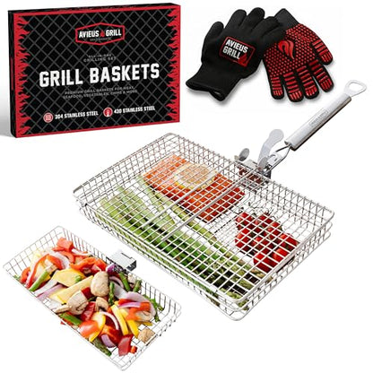 AVIEUS GRILL Grill Baskets for Outdoor Grill | 2 Grilling Baskets with Detachable Handle | Barbecue Grill Set with BBQ Gloves | Portable Camping Net Rack Perfect for Vegetables, Seafood & Meat