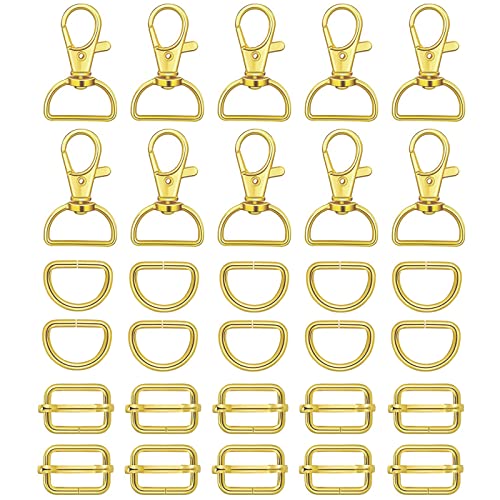 WAFJAMF 30Pcs Purse Hardware Swivel Snap Hooks D Rings Slide Buckles 3/4 In | Heavy duty metal clasps set for handbag making, DIY craft, strap, backpack, lanyard keychain & handbag fasteners, gold - color: Gold, size: 3/4” Inside Width