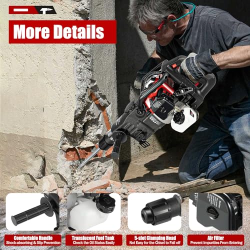 33CC 2 Stroke Gas Powered Demolition Jack Hammer, 3-in-1 Gasoline Hammer Drilling Machine Breaker Punch Drill Chisels Heavy Duty Gasoline Concrete Breaker Rock Drill for Crushing, Chiseling
