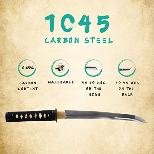Hand Forged 1045 Carbon Steel Musashi Crest Tanto Full Tang Sword | functional edge for dojo practice, wavy temper, bo-hi groove, openwork guard, rayskin grip