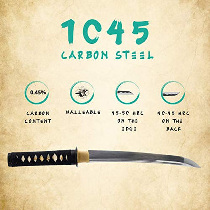 Hand Forged 1045 Carbon Steel Musashi Crest Tanto Full Tang Sword | functional edge for dojo practice, wavy temper, bo-hi groove, openwork guard, rayskin grip
