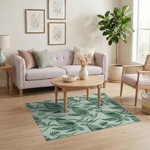 4'x6' Washable Modern Turtle Accent Rug, Mint Green Non-Shedding Small Carpet Pet Friendly & Kids Safe Play Mat for Playroom, Bedroom, Reading Nook | Ref:1953893