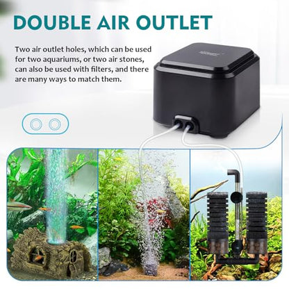 hygger Quiet <30dB Aquarium Air Pump, Adjustable Low Decibel Oxygen Fish Tank Pump 2 Air Outlets Ultra Silent Powerful Aerator Pump with Accessories Max 80GPH/160GPH/255GPH(3.5W,Up to 120Gallon) - size: 3.5W,Up to 120Gallon