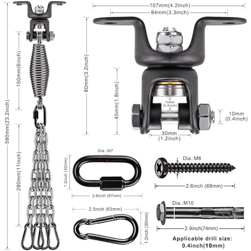 BeneLabel Heavy Bag Ceiling Mount with Spring & Chains 360° Rotation Punching Bag Ceiling Hanger with Bearings Boxing Bags Holder Hardware with 2 Wood Screws and 2 Expansion Screws - color: Hanger With Oval Spring & Chains (220 Lbs Capacity)
