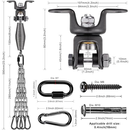 BeneLabel Heavy Bag Ceiling Mount with Spring & Chains 360° Rotation Punching Bag Ceiling Hanger with Bearings Boxing Bags Holder Hardware with 2 Wood Screws and 2 Expansion Screws - color: Hanger With Oval Spring & Chains (220 Lbs Capacity)
