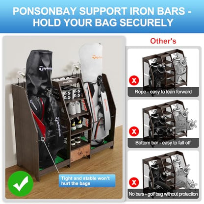 Golf Bag Storage Organizer Holds 2 Golf Bags for Garage - Wooden Rack - color: Black