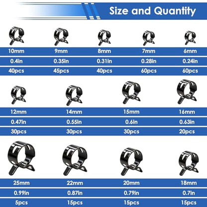 406Pcs 6-25mm Spring Band Hose Clamps With Plier 13-sizes Constant Tension Hose Clamp used for Fuel Line，Vacuum Hose，Air Hose - size: 6-25mm 406pcs