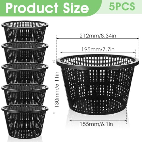 5 Pcs Net Pots for Hydroponics, 8.35 Inch Black Pond Plant Baskets, Hydroponic Cups with Slotted Mesh for Aquatic Plants, Orchids, Nursery & Indoor/Outdoor Growing