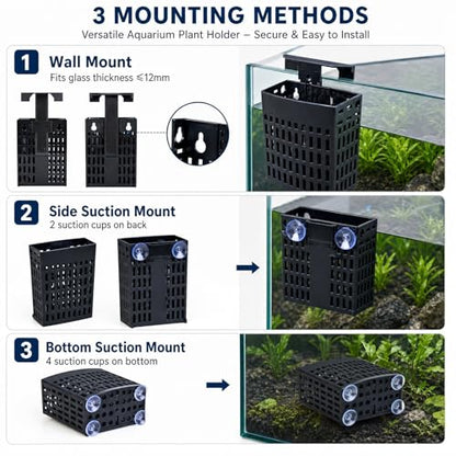 2Pcs– Aquarium Plant Holder, Fish Tank Plant Stand, 3-in-1 Mounting, Adjustable Height, Extendable Hook, with 2 Side and 4 Bottom Suction Cups (Black)