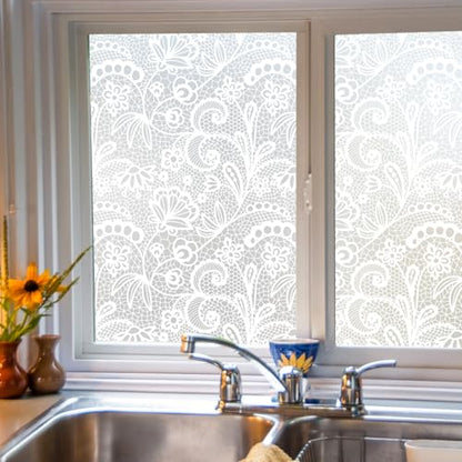 Frosted Window Privacy Film, White Lace Stained Glass Window Film, Static Cling Removable Privacy Decal, Sun Blocking Decorative Tint with Effect for Home, Doors and Office (S686, 17.7'' x 78.7'')