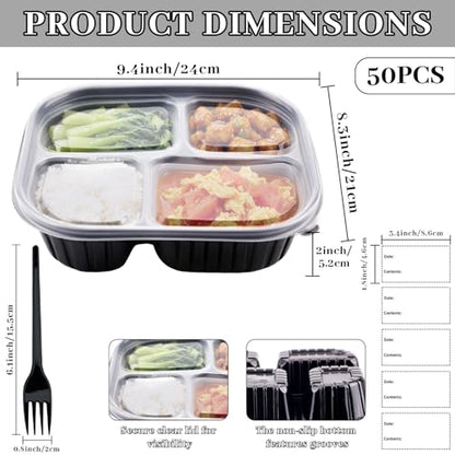 50 Pack Food Containers with Lids and with Forks, 37oz/1100ml Microwave Safe 4 Compartment Meal Prep Containers, Black Plastic Food Bento Boxes for Take Out, Restaurant