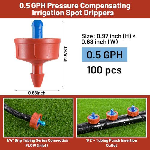 100 PCS 0.5 GPH Pressure Compensating Drip Irrigation Spot Watering Dripper, Gentle Flow Anti-Clog Drip Irrigation Emitters Heads Irrigation Drippers Parts for Indoor Outdoor Small Potted Plants - size: 0.5 GPH 100PCS