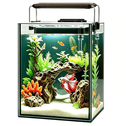 Glass Aquarium Starter Kits 1.5 Gallon Small Fish Tank, Betta Fish Tank for Home Office Deco, with LED Light, Power Filter, 4mm Glass, Black