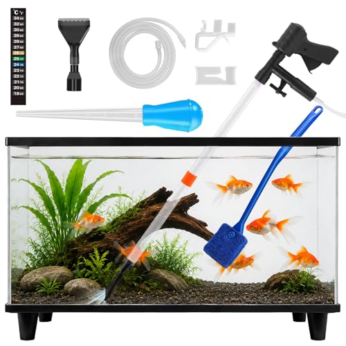 Fish Tank Cleaning Kit, Semi-Automatic Aquarium Gravel Cleaner Siphon Water Changer, Fish Tank Vacuum with Brush, Fish Waste Remover and Thermometer Strip (Non-Electronic) for Gravel and Sand Cleaning