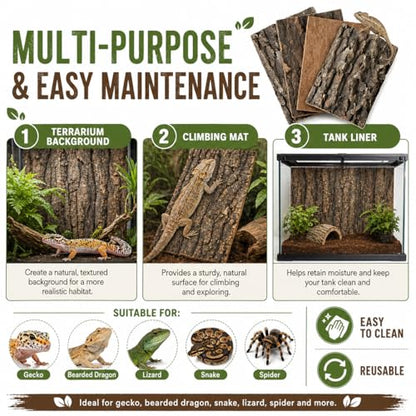 Natural Cork Bark Background for Reptile Terrarium, 4 Pack 11.8 x 7.9 Inch Cork Bark Flats, DIY Reptile Enclosure Background Climbing Wall for Gecko Bearded Dragon Lizard Snake Vivarium