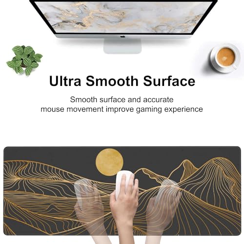 Abstract Golden Mountain Desk Mat,Large Gold Line Art Gaming Keyboard Mouse Pad,Non-Slip Rubber Base Desk Pad Thick Stitched Edges Waterproof Mousepad Mouse Mat 31.5"x11.8" - color: Abstract Golden Mountain