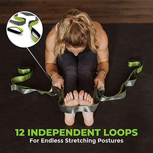 Stretching Strap for Physical Therapy, 12 Multi-Loop Stretch Strap 1.5" W x 8' L, Neoprene Handles, Physical Therapy Equipment, Yoga Straps for Stretching, Leg Stretcher. - color: Green/Grey