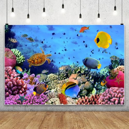 6x4ft Underwater Ocean Coral Reef Backdrop Under The Sea Tropical Fish Sea Turtle Marine Life Photography Background Seabed World Nature Scene Aquarium Decor Kids Portrait Photo Shoot Props