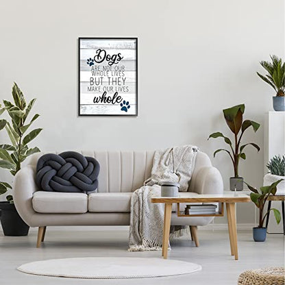 Stupell Industries Dogs Make Our Lives Whole Paw Icon Striped Backdrop, Design by Kim Allen - size: 30"L x 24"W, style: Black Framed