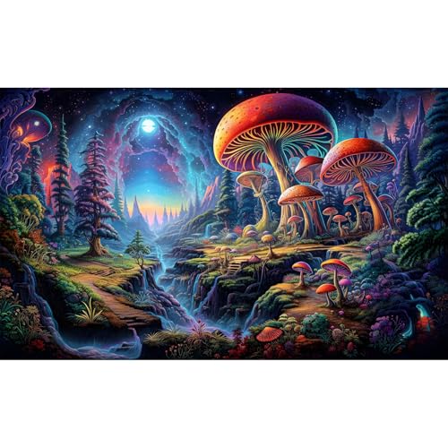 Forest Aquarium Background Fantastic Cartoon Forest Landscape with Mushrooms and Flowers Terrarium Background Fantasy Pine Tree Mysterious Mushroom Theme Fish Tank Backdrop Poster Decor 30x12in - color: Purple Orange, size: 30(W)x12(H)in