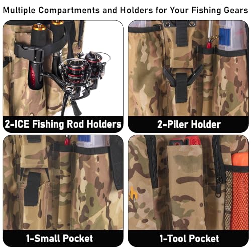 Dr.Fish 5 Gallon Bucket Tool Organizer - Adjustable Gear Bag with 6 Pockets and 2 Rod Holders for Ice Fishing Tackle Storage