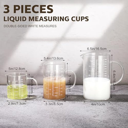3 Pack High Borosilicate Glass Measuring Cups Set with Handle V Shaped Spout, 4, 2, 1 Cup 3 Scales (Oz, Cup, Ml) for Kitchen Restaurant Baking Cooking, Easy to Read, Clear(White Scale)