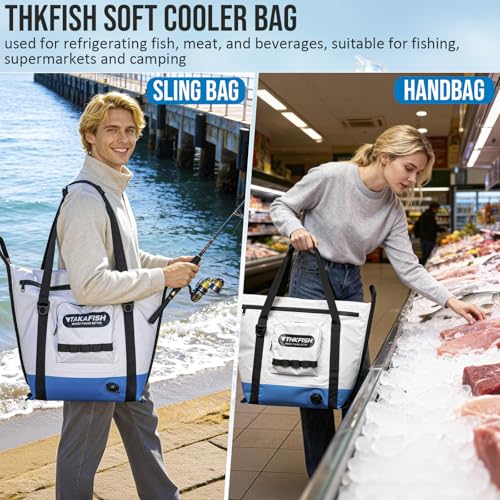 THKFISH Insulated Fish Cooler Bag, 25x17.5in Portable Soft Cooler Bag for Caught Fish, Travel, Beach, Camping, Picnic, Lunch, Fishing, 24HR Cold Retention(White-Blue)