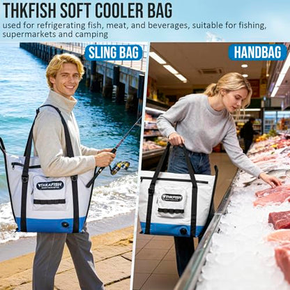 THKFISH Insulated Fish Cooler Bag, 25x17.5in Portable Soft Cooler Bag for Caught Fish, Travel, Beach, Camping, Picnic, Lunch, Fishing, 24HR Cold Retention(White-Blue)