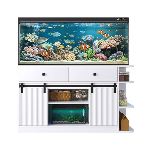 75 Gallon Fish Tank Stand with RGB LED & 6-Outlet Charging Station, 55-75 Gallon Aquarium Cabinet with Sliding Doors, 1200 lbs Capacity, White - color: White, size: 55.1"L x 19.6"W x 32.2"H