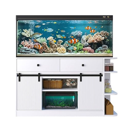 75 Gallon Fish Tank Stand with RGB LED & 6-Outlet Charging Station, 55-75 Gallon Aquarium Cabinet with Sliding Doors, 1200 lbs Capacity, White - color: White, size: 55.1"L x 19.6"W x 32.2"H