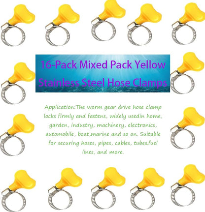 16-Pack Mixed Pack Yellow Stainless Steel Hose Clamps, Adjustable Thumb Screw Key Type Clamps, (8-12mm, 13-19mm, 18-32mm,32-44mm) Size 4pcs each