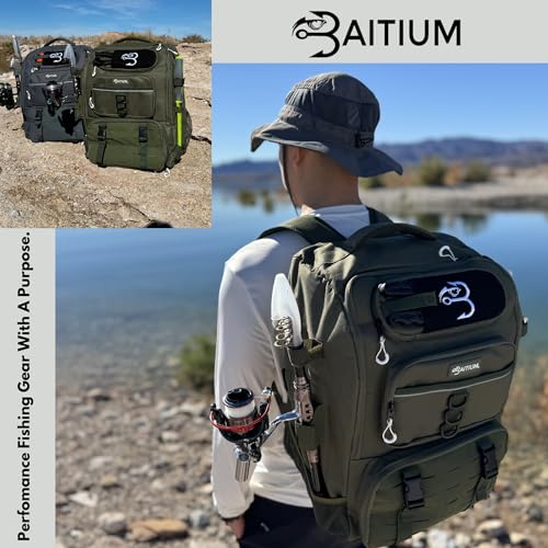 Baitium Fishing Backpack, Tackle Bag With Rod Holders, 40L Capacity With Cooler, Rain Cover, Insulated Pocket, 4 Tackle Trays Included- (Green) - color: Green