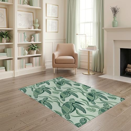 4'x6' Washable Modern Turtle Accent Rug, Mint Green Non-Shedding Small Carpet Pet Friendly & Kids Safe Play Mat for Playroom, Bedroom, Reading Nook | Ref:1953893