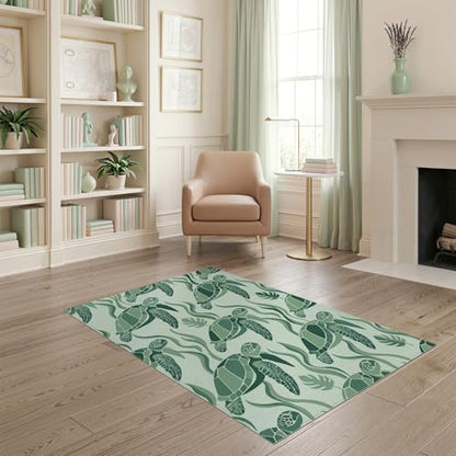 4'x6' Washable Modern Turtle Accent Rug, Mint Green Non-Shedding Small Carpet Pet Friendly & Kids Safe Play Mat for Playroom, Bedroom, Reading Nook | Ref:1953893