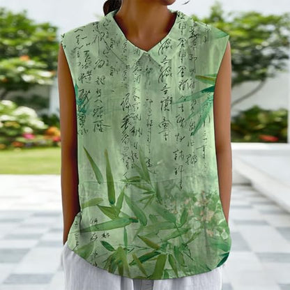 domirica Graceful Japanese Art Pattern Sleeveless Collared Tank Top Soft Casual Boho Sleeveless Tshirts for Women - color: Bamboo-a, size: X-Large