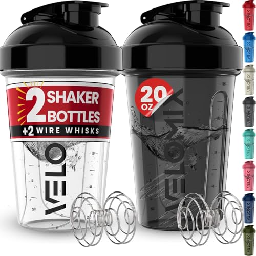 VELOMIX 2 Pack 20oz Protein Shaker Bottle for Protein Mixes, Black/Transpar - color: A1) Black / Transparent