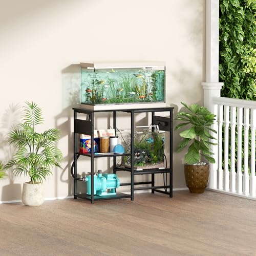 5-10 Gallon Fish Tank Stand with Power Outlets, 4 Tier Metal Aquarium Stand with Wood Storage Shelves, 20.3" L x 10.6" W x 30.3" H Turtle Reptile Fish Tank Table Aquarium Table - Black
