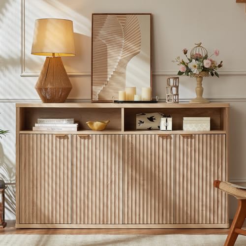 LEYAOYAO Fluted Buffet Cabinet with Storage, 55" Wide Wood Sideboard Credenza with 4 Doors & Open Storage Shelf, Kitchen Entryway Accent Table, Modern Console Cabinets for Dining Room, Natural Oak - color: Natural Oak, size: 15.35"D x 55.12"W x 31.89"H（4