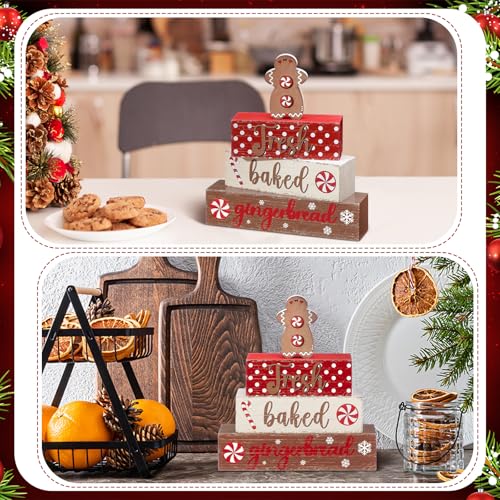 4 Pcs Wooden Christmas Tabletop Decor Gingerbread Man Tiered Tray Decor Christmas Centerpiece Rustic Decorative Block Signs Gift Farmhouse Table Decoration for Home Kitchen - style: Gingerbread