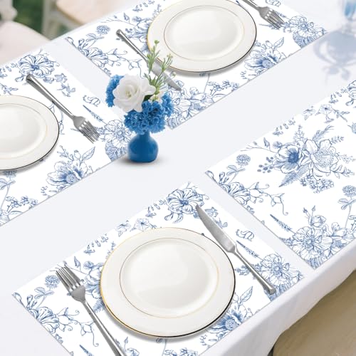 50 Pcs Blue Porcelain Paper Placemats, 11x16 Inch Blue Floral Disposable Placemats Spring Summer Flowers Chinoiserie Table Mats for Wedding Baby Shower Birthday Home Party Supplies
