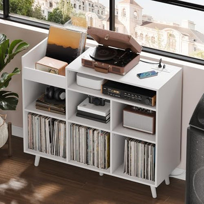 Large Record Player Stand with Vinyl Storage Cabinet, Wood Turntable Table Open Shelf Holder Up to 500 Albums Cube Storage Organizer for Living Room, Office, White