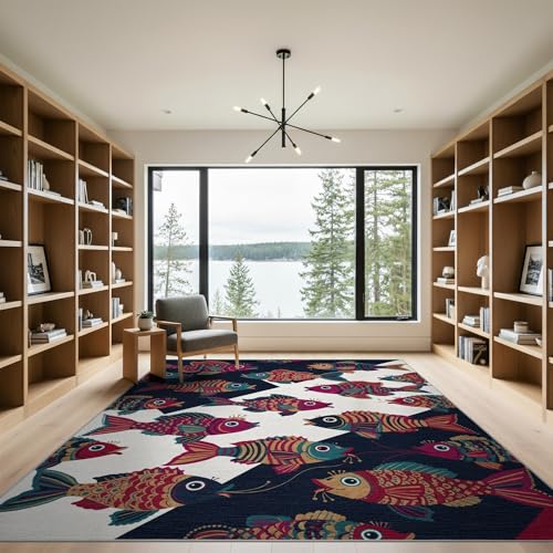 9'x12' Washable Graphic Fish Oversized Rug, Teal Non-Shedding Pet Friendly Carpet Foldable Easy Care Mat for Master Suite, California King, Under Bed | Ref:1885695