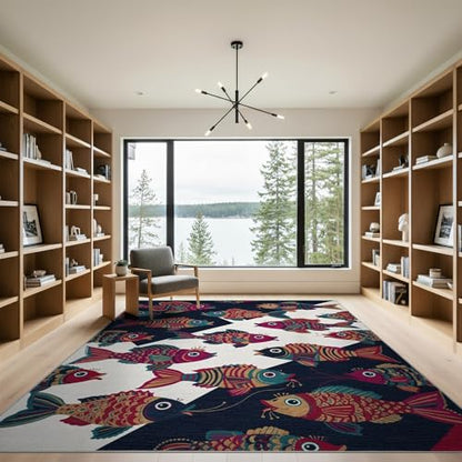 9'x12' Washable Graphic Fish Oversized Rug, Teal Non-Shedding Pet Friendly Carpet Foldable Easy Care Mat for Master Suite, California King, Under Bed | Ref:1885695