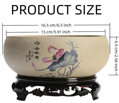 Lotus Bowl Planter, Chinese Ceramic Lotus Flower Bowl with Stand Base, Hydroponic Water Lily Bowl Planter Indoor, Oriental Fish Tank Bowl for Lotus Flowers Indoor (Style A)