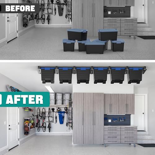 EVERHANGER Ceiling Storage Rack, Heavy Duty Overhead Storage Rack | Adjustable Garage Ceiling Bin Storage System, 7 Sets for 6 Bins, 16 Inch - style: For 6 Bins