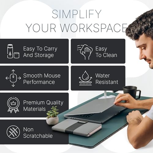 Nordik Felt and Leather Desk Mat Non-Slip - Green - 35 X 17 Inch - Dual Layer - Felt and Vegan Leather Desk Pad - Document Organizers - Blotter and Desktop Mat - Protector Laptop Matt for Desktop