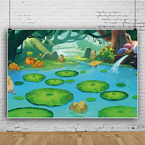 7x5ft Vinyl Lotus Leaves Backdrop Fairytale Lake Water Lily Lotus Leaf Duck Pond Rocks Background for Photography Kids Baby Birthday Party Decorations Photo Studio Props - size: 7x5ft
